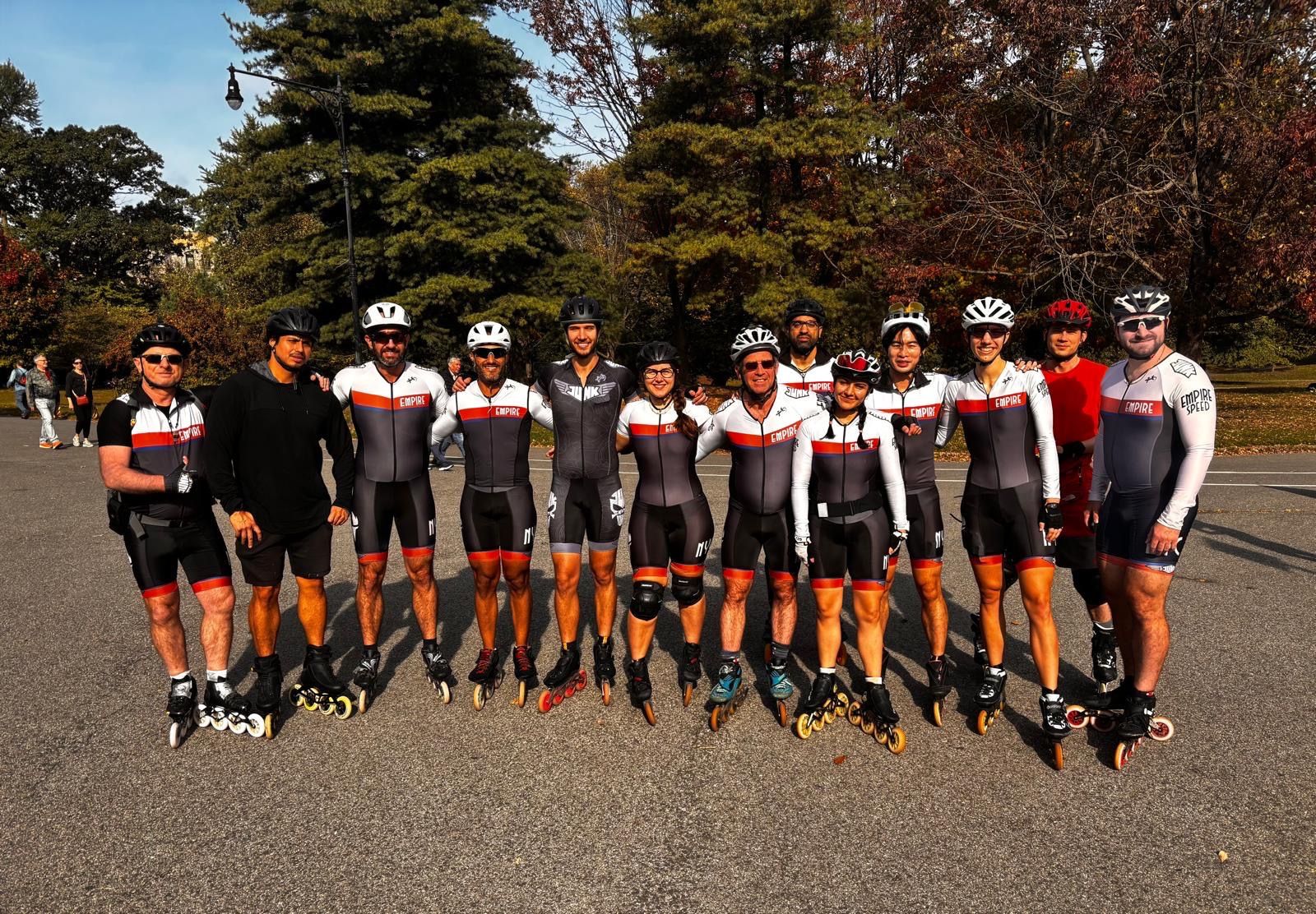 Group photo of Empire Speed skaters on a sunny day at the end of the 2025 season